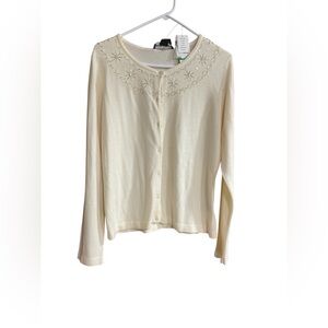 Norton McNaughton Cream Button Down Cardigan with Beaded Accents Size L NWT